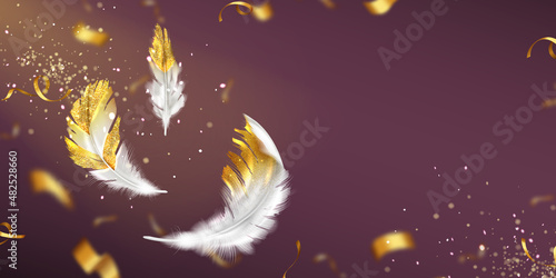 Background with white feathers with gold glitter, confetti and empty space. Vector poster with realistic illustration of flying golden colored bird or angel quills, sparkles and ribbons