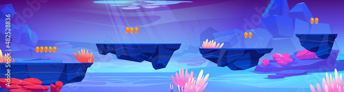 Game level background with platforms underwater in sea. Vector 2d interface of arcade game with cartoon illustration of ocean bottom landscape with marine plants and broken sunken ships