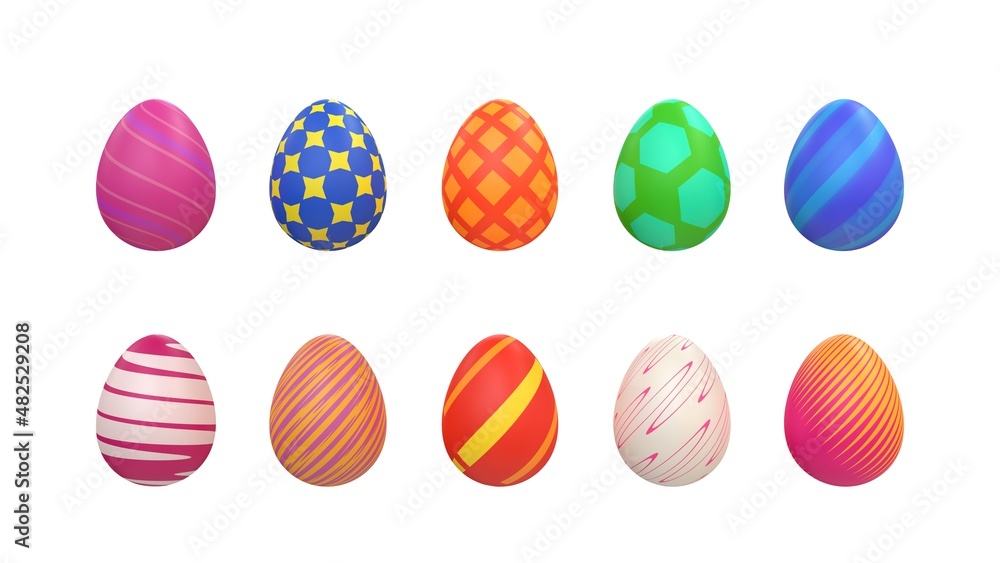 10 color Easter Eggs with different patterns. Easter decoration elements. 3d render illustration on white background.