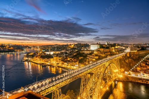 Porto with the Dom Luis I bridge and the river Douro after sunset