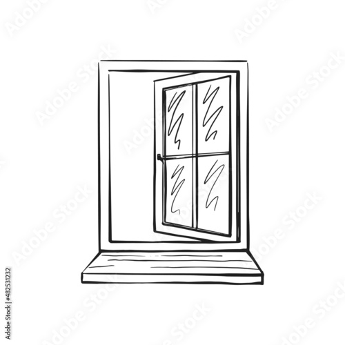 Open glazed window in a frame. Sketch on a white isolated background. Interior. Vector hand-drawn illustration