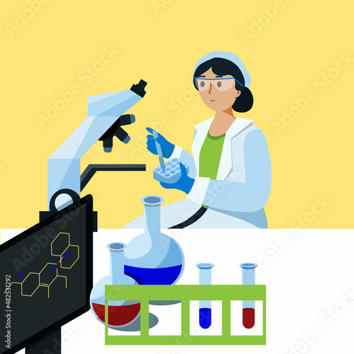 Scientist at work in laboratory with microscope, characters conducting experiments in lab