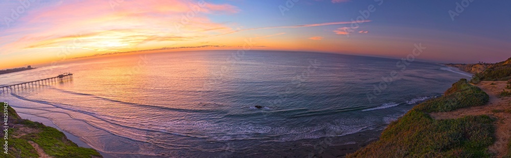 Pacific Ocean California Coastline Wide Panoramic Aerial Landscape View. Beautiful Sunset Sky over La Jolla Shores Beach, San Diego Scripps Institute of Oceanography