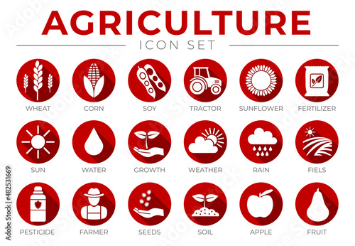 Red Agriculture Round Icon Set of Wheat, Corn, Soy, Tractor, Sunflower, Fertilizer, Sun, Water, Growth, Weather, Rain, Fields, Pesticide, Farmer Seeds, Soil, Apple, Fruit Icons.