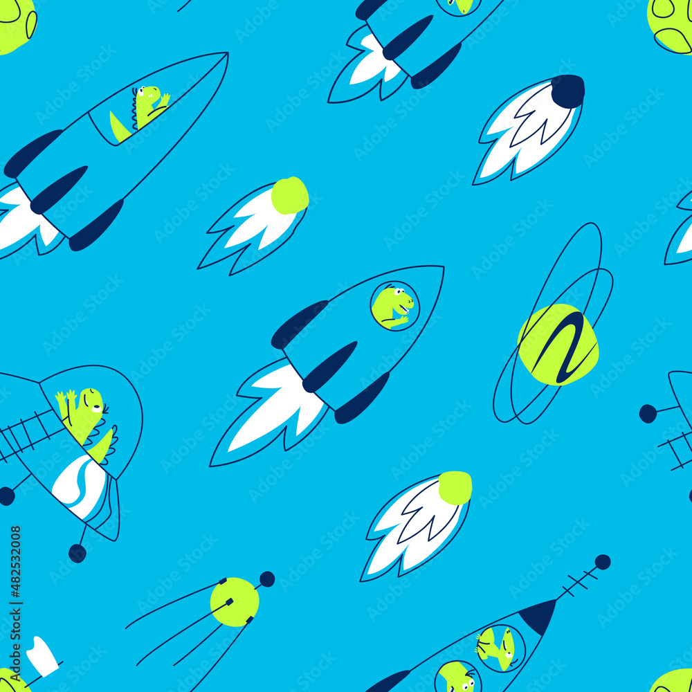 Fototapeta premium Seamless pattern of rockets with dinosaurs, done with a line and a spot on a blue background. Dino travels on a rocket through the galaxy. Fabric design for clothes boys. Flat vector illustration.