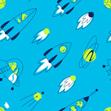 Seamless pattern of rockets with dinosaurs, done with a line and a spot on a blue background. Dino travels on a rocket through the galaxy. Fabric design for clothes boys. Flat vector illustration.