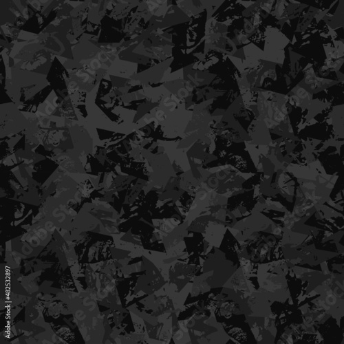 Grunge urban camouflage, black modern fashion design. Dirty brush stroke camo military pattern. Army uniform, fashionable fabric print. Vector seamless monochrome texture
