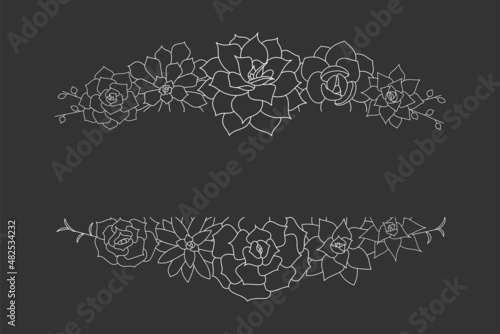 Succulent echeveria vector frame for text. Hand drawn desert flower illustration in doodle style. Set outline of plants succulents on a black background. Border for print and design