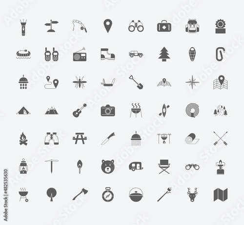 Set of Glyph Camping icons on white background. illustration