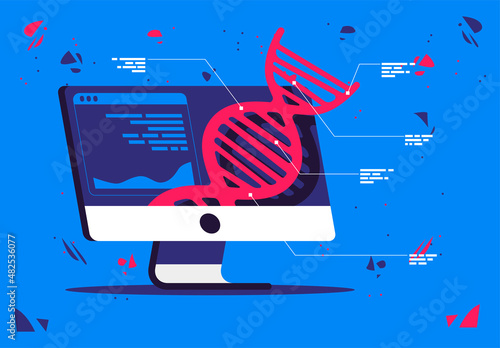 vector illustration of a computer monitor with an image of a dna molecule with a detailed description of the structure of the molecule