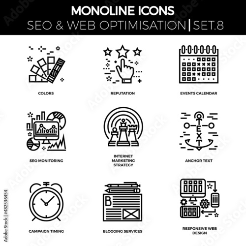 Line icons set with flat design of seo. Colors, reputation, events calendar, seo monitoring, internet marketing strategy, anchor text, campaign timing, blogging services, responsive web design