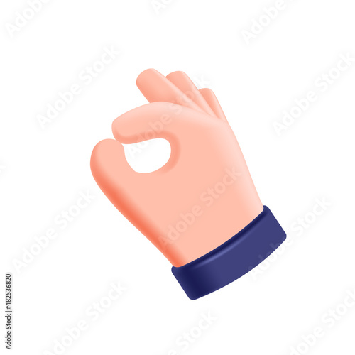 Volumetric hand icon showing an OK sign, all right, great. Vector 3D illustration of the OK symbol isolated on a white background