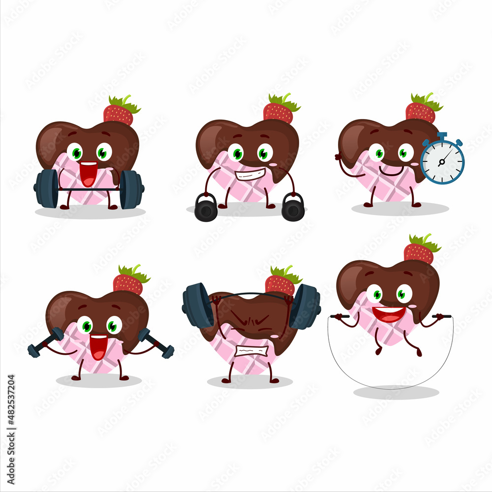 Obraz premium A healthy strawberry chocolate love cartoon style trying some tools on Fitness center