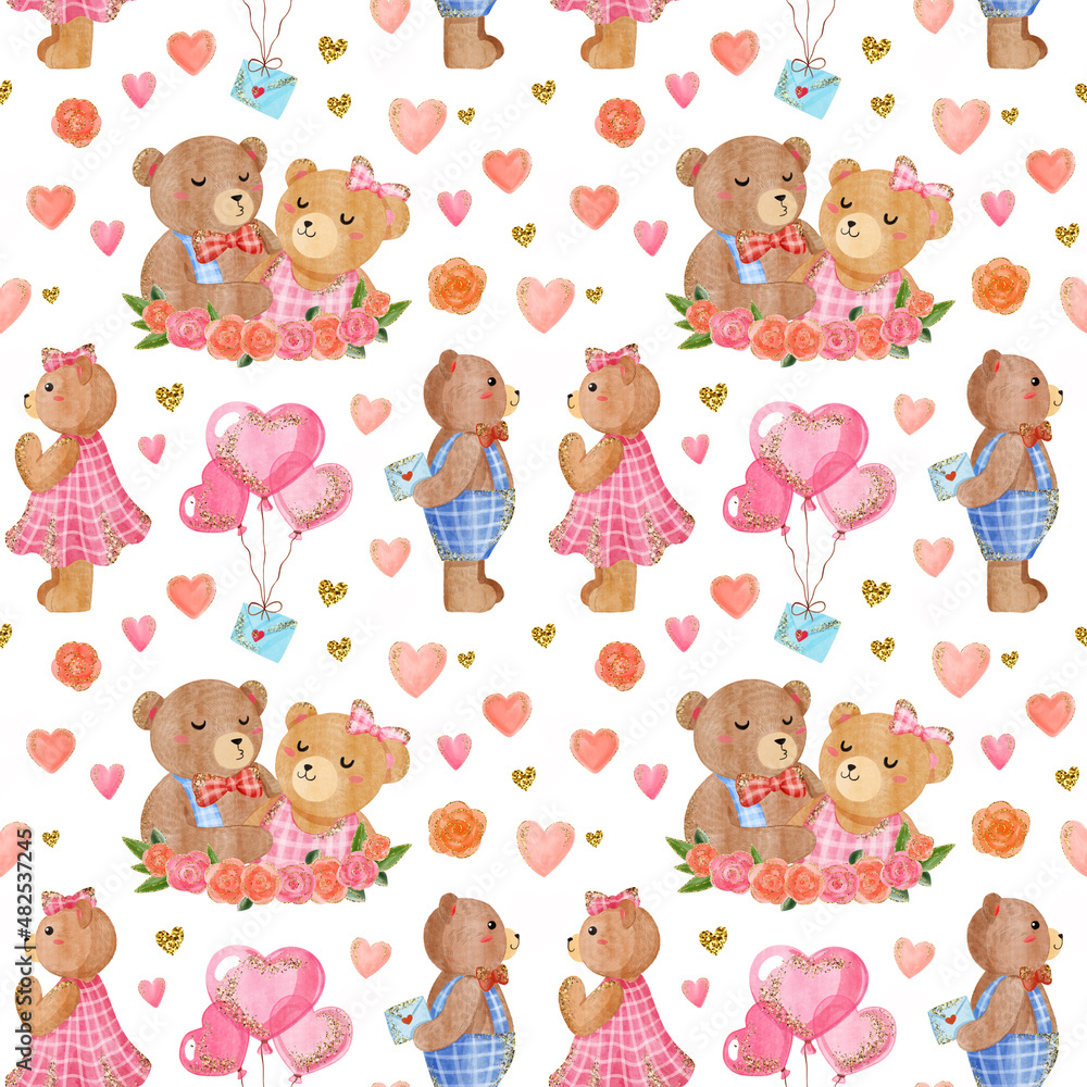 Obraz premium Romantic seamless pattern with watercolor teddy bear, love, hearts, roses, kiss. Hand drawn ornament with glitter effect for fabric, wrapping paper. Wedding, birthday, Valentine's day endless pattern.