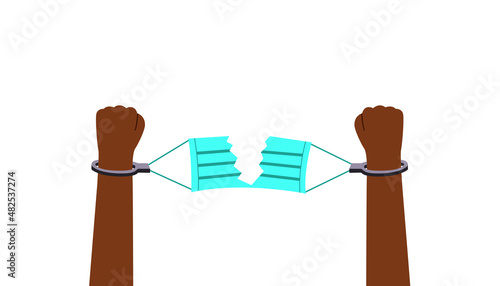 Anti-mask, anti-covid illustration of hands tearing the mask as a handcuff symbolizing the constraint of personality, limitation of rights and freedoms, isolated on a white background, Vector graphics