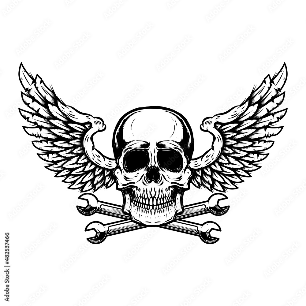 Fototapeta premium Winged skull with crossed wrenches. Design element for emblem, sign, badge, logo. Vector illustration