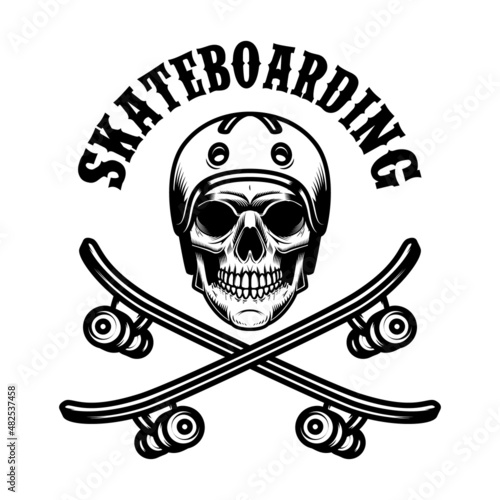 Skateboarder skull with crossed skateboards. Design element for logo, label sign, poster, t shirt. Vector illustration