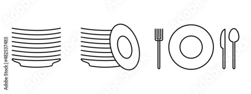 Dishes, Illustration of linear icons on the theme of food, utensils, table items for food, spoon, fork, table knife. Isolated on white background. Vector graphics