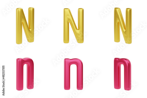 Golden and red Letter N on white background. Uppercase and lowercase. 3d render illustration