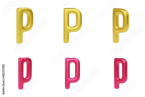 Golden and red Letter P on white background. Uppercase and lowercase. 3d render illustration