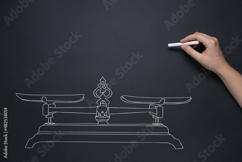 Canvastavla balance and weighing concept; hand draws vintage scales with chalk on blackboard