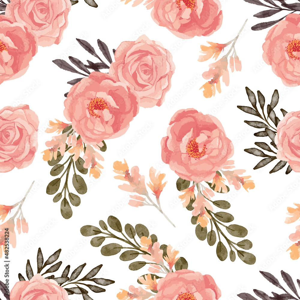 Watercolor rose floral seamless pattern arrangement
