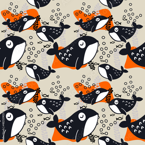 Seamless pattern of blue whales. Pattern with whales. Undersea world. Pattern for bedroom, wallpaper, kids and baby t-shirts and wear, hand drawn  illustration.