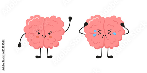 Kawaii happy human brain character and sad crying brain character. Hand drawn symbols of healthy mind and psychological disorder. Vector cartoon illustration isolated on white background.