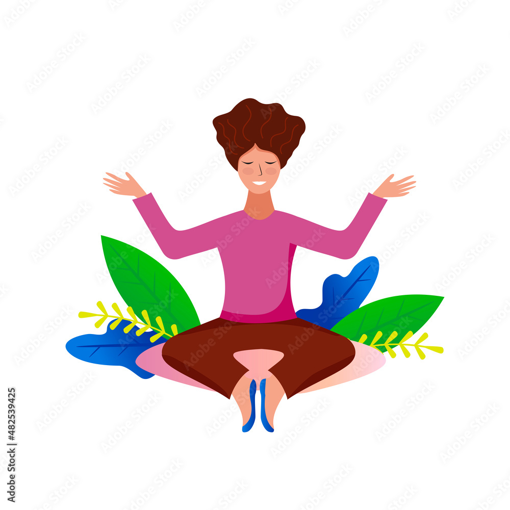 Happy woman sitting and meditating.