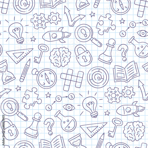 Puzzle and riddles. Hand drawn seamless pattern with crossword puzzle, maze, brain, chess piece, light bulb for design math quiz. Vector illustration in doodle style on square copybook background.