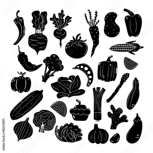 Set of hand drawn doodle black vegetables.