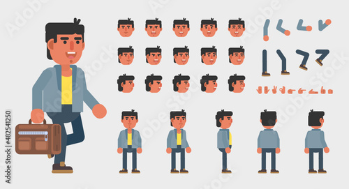 Creation kit of a trendy young man in casual outift. Modern vector illustration. Create your own pose, action, animation