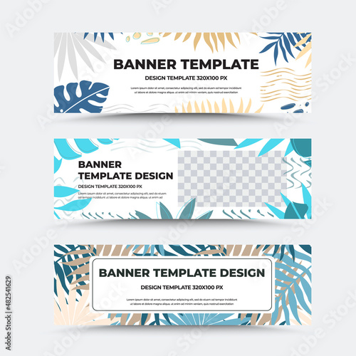 Vector banner template with modern design, illustration of tropical leaves, abstract elements, booklet with info board.