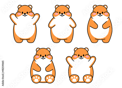 Set of cute drawn hamsters. Kawaii hamster in different poses. Collection of avatars mascots funny character animal stickers isolated on white background. Vector stock illustration