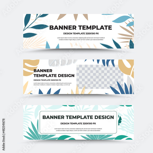 Vector banner template, white background with illustration, tropical leaves, monstera, place for text, header.