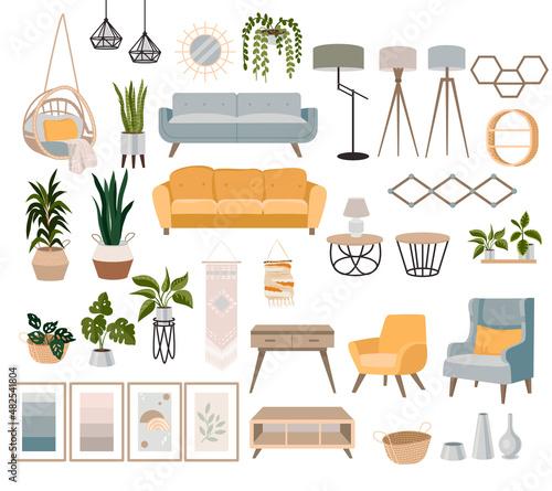A set of furniture and decor elements. Collection of interior items for a cozy isolated interior. Vector illustration. photo