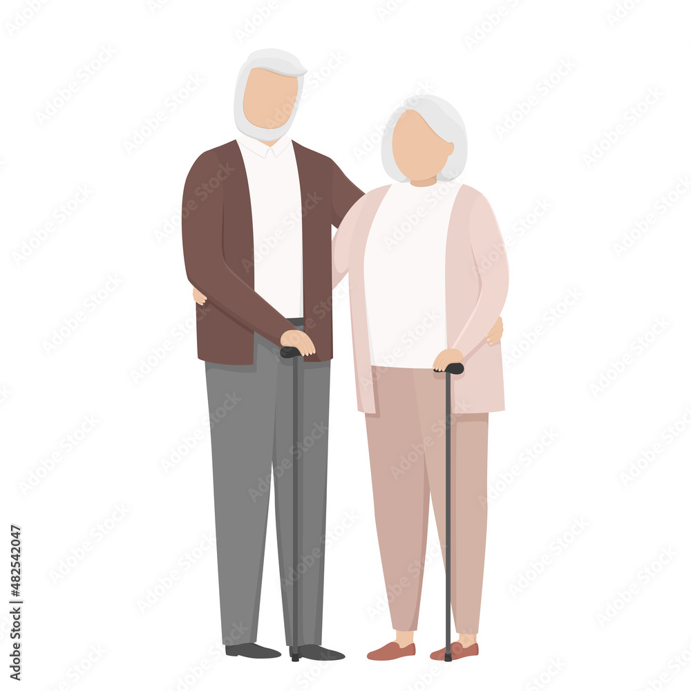 Old man and woman with walking sticks. Vector illustration. Old man and woman with walking sticks. Vector illustration.