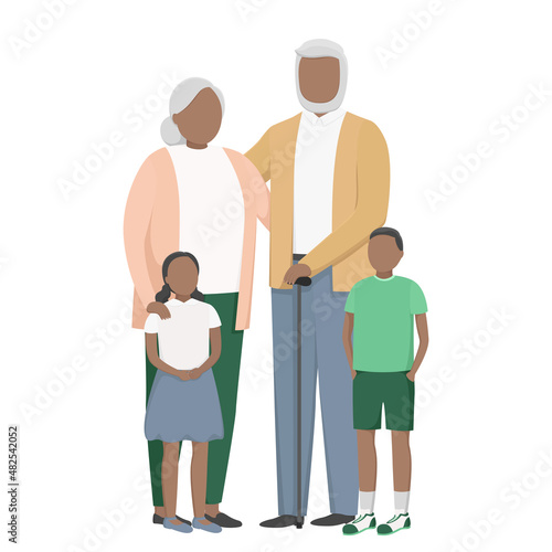 African grandmother and grandfather with their grandchildren. Vector illustration.