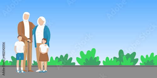 Grandfather and grandmother with their grandchildren. Vector illustration.