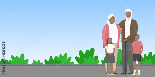 African grandparents with their grandson and granddaughter. Vector illustration.