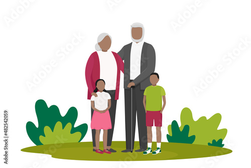 Grandparents and grandchildren. Retired people and children. Vector illustration.