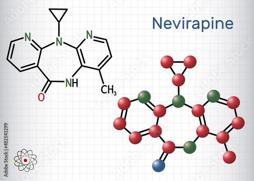 Nevirapineе molecule. It is used to treat human immunodeficiency virus (HIV) infection and acquired immune deficiency syndrome (AIDS). Sheet of paper in a cage