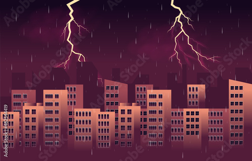 Thunder Storm Lightning Rainy Weather City Building Skyline Cityscape Illustration