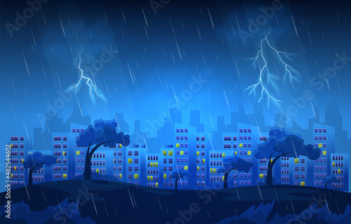 Thunder Storm Lightning Strike Heavy Rain City Building Skyline Cityscape Illustration