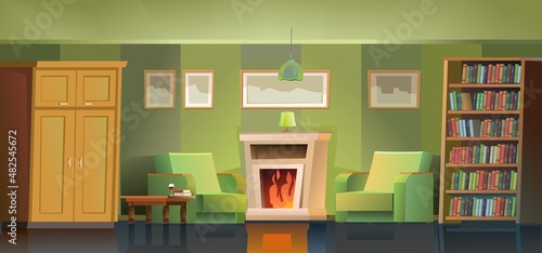 Room interior with fireplace, armchairs, wardrobe and bookshelves. Evening time and soft light of the lamp. Cozy living room with furniture and paintings. Nice cartoon style design. Vector