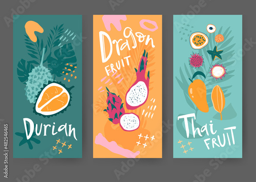 Tropical fruits and jungle leaves cards. Bright and juicy fruits in simple elegant style with abstract shapes.