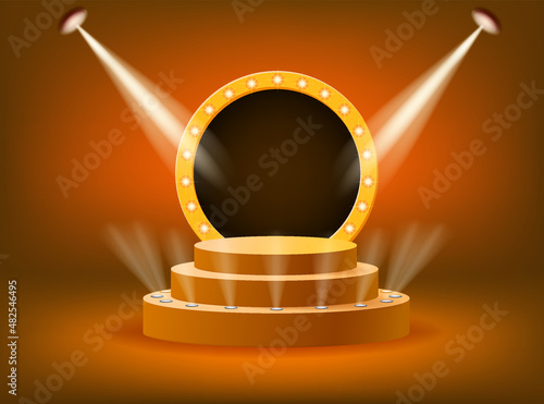 Stage podium with rays of spotlights for Award ceremony Winner with smoke. Gold platform concept. Vector illustration