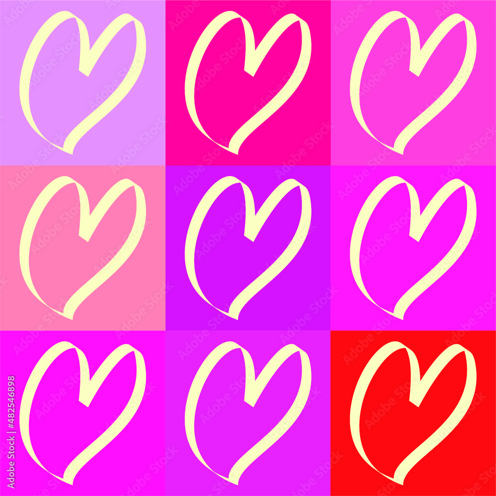 a collection of vector hearts drawn with a white outline on a pink background of different shades. seamless background for valentine's day