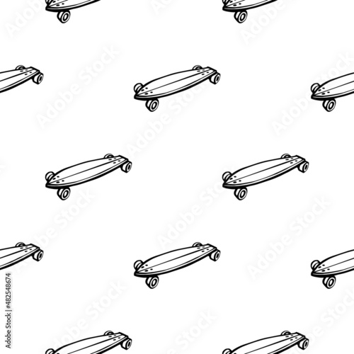 Doodle longboard. Seamless pattern with skateboard. Black line sketch icon background. Cute cartoon kids teens design.