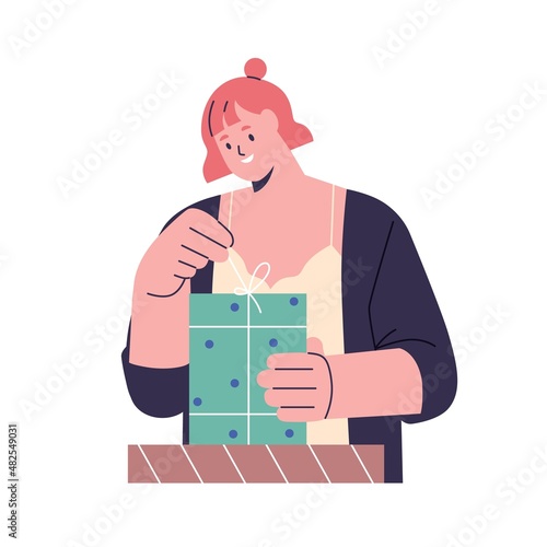 Happy woman open gift box. Smiling person with birthday present package. Excited female untying bow of holiday surprise in wrapping. Flat vector illustration isolated on white background